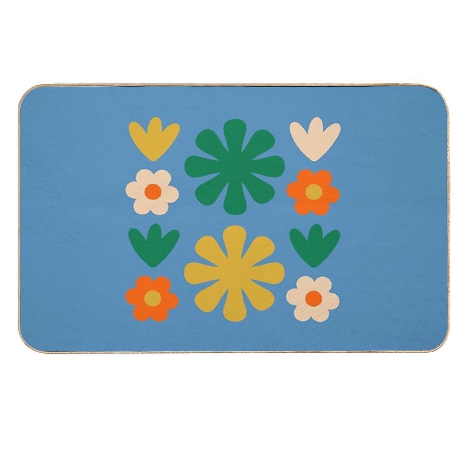 Retro Modern Scandi Flower Grid Pattern Blue Green Mustard Orange Beige  Pet-Safe Bath Mat