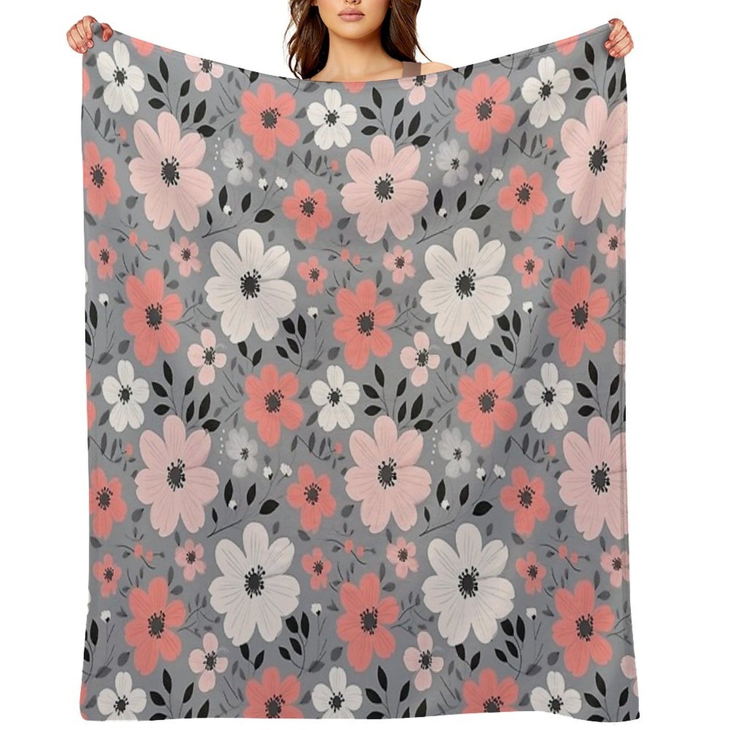 Pink Salmon White Grey Flowers Grey Background Pattern Velvety-soft Throw Blanket