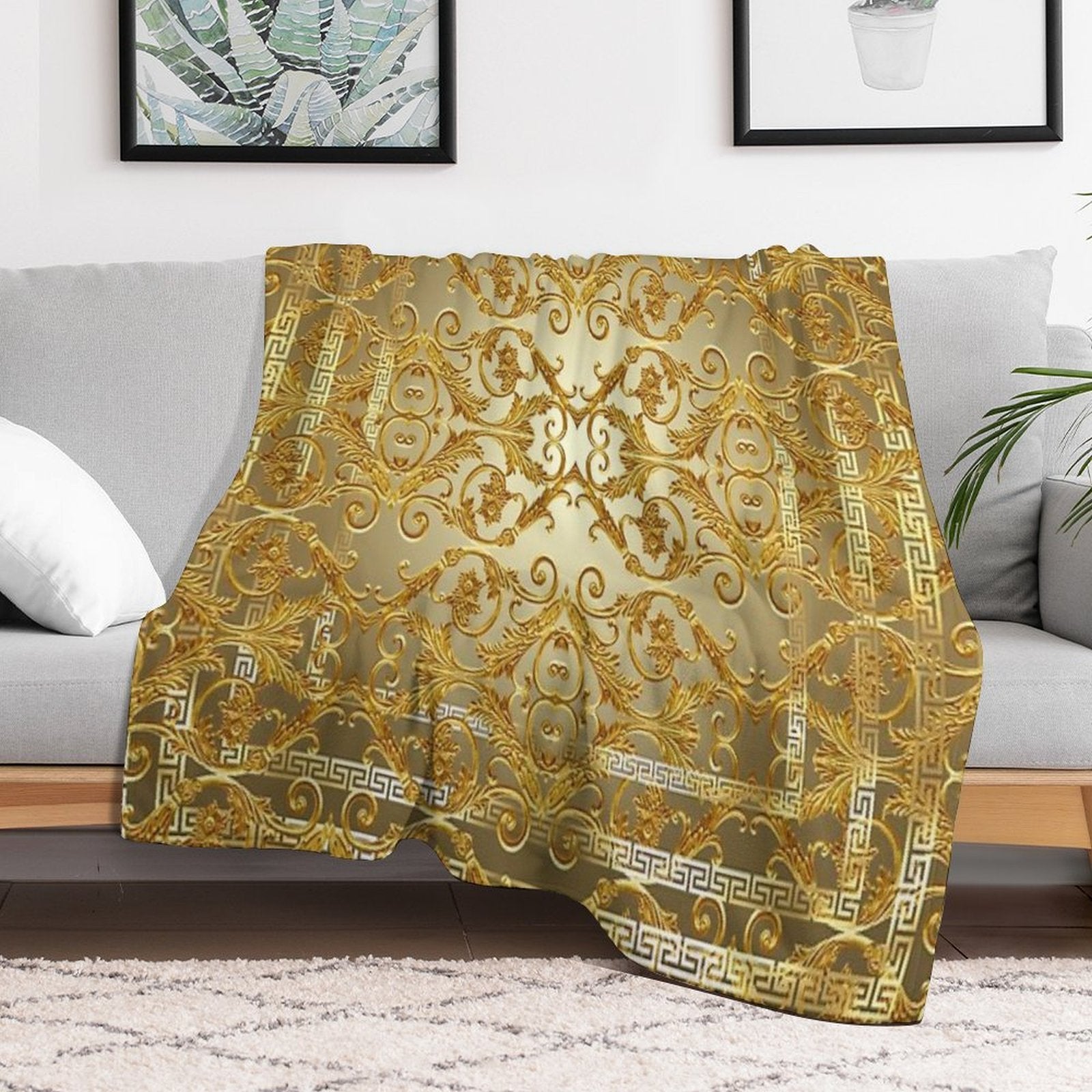 Greek Keys 4 Golden Baroque Style Shrink-resistant Throw Blanket