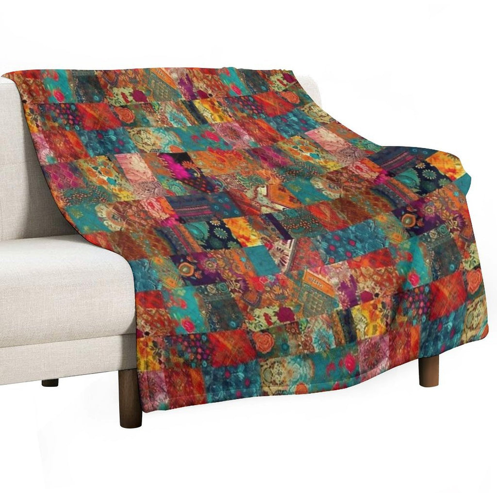 Bohemian Patchwork Wonderland Vibrant Bright Hippie Velvety-soft Throw Blanket