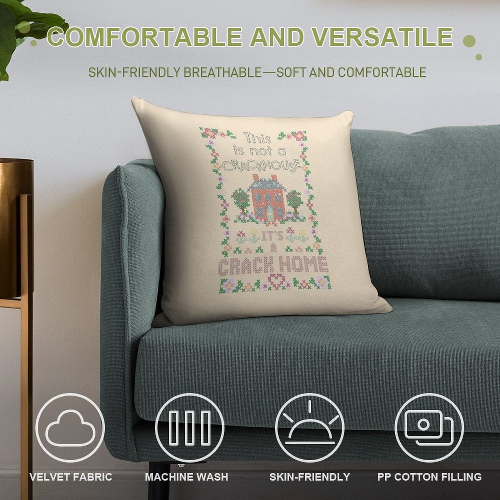 A Crack Home - Cross Stitch Embroidery Soft Luxury Feel Throw Pillow