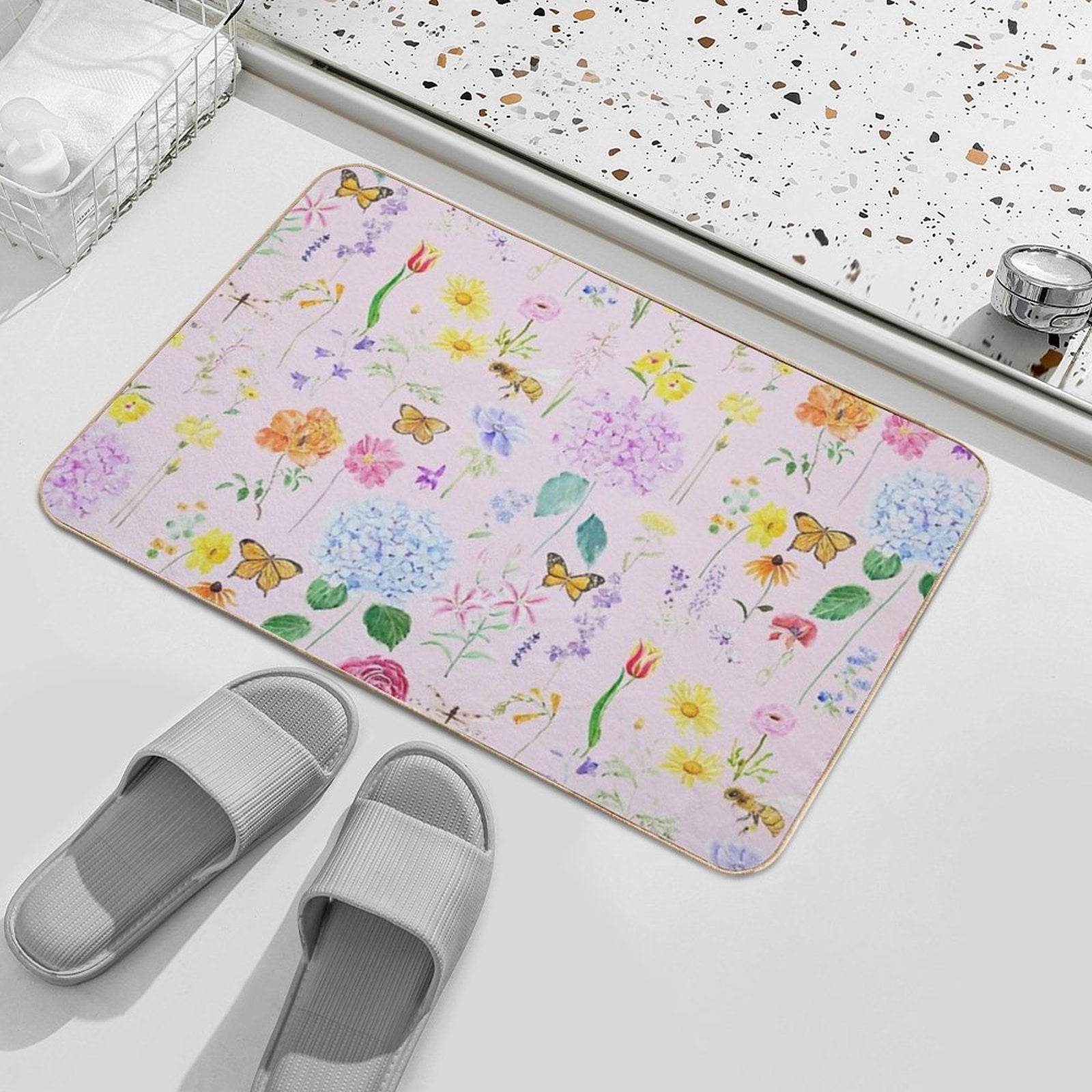 Copy of Summer Garden Flowers  Oil Painting Effect Pink Background  Anti-Trip Bath Mat