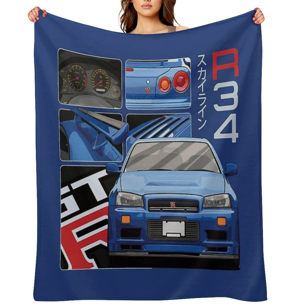Skyline GTR R34 Blue Drawing Vector Travel-friendly Throw Blanket