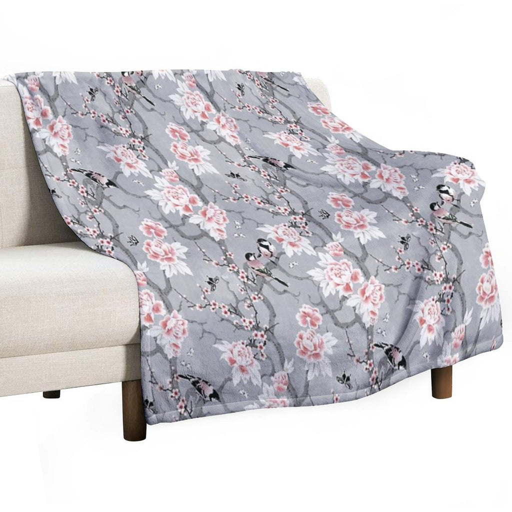 Chinoiserie Birds in Grey Wrinkle-free Throw Blanket