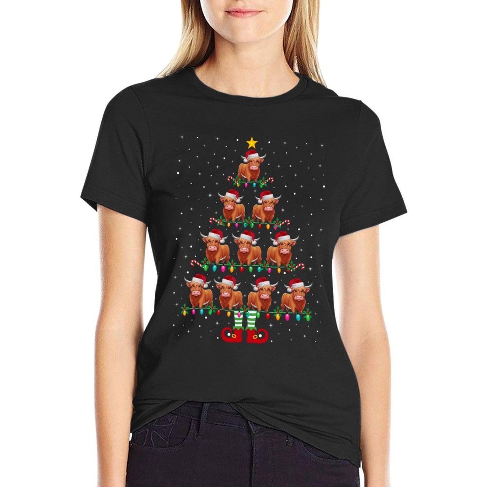 Christmas Tree Lights Santa Hat ELF Highland Cow Xmas Tree  Wrinkle-resistant T-Shirt