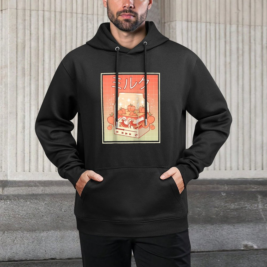Kawaii Peach Milk Carton Kanagawa Wave Lofi Aesthetic Raglan Baseball Cotton-Polyester Blend Hoodie