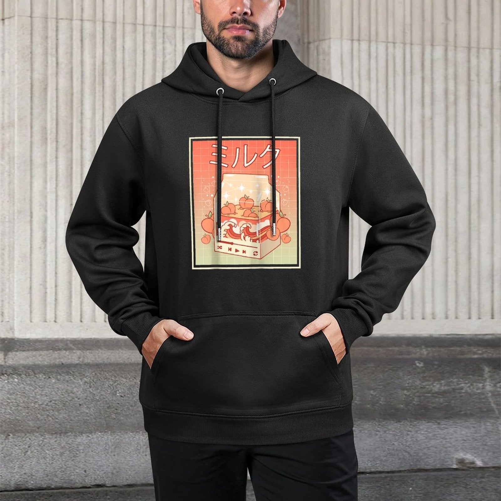 Kawaii Peach Milk Carton Kanagawa Wave Lofi Aesthetic Raglan Baseball Cotton-Polyester Blend Hoodie