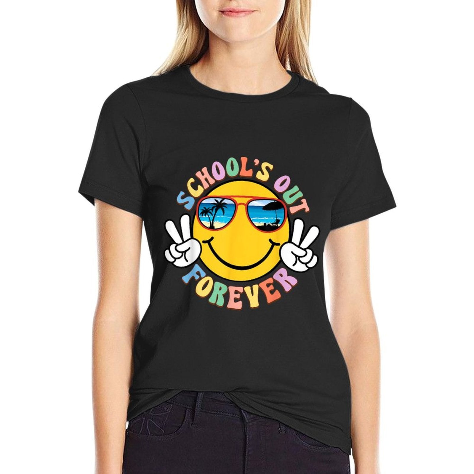 Retro Groovy Schools Out Forever Retired Teacher Retirement  Summer-ready Fabric T-Shirt