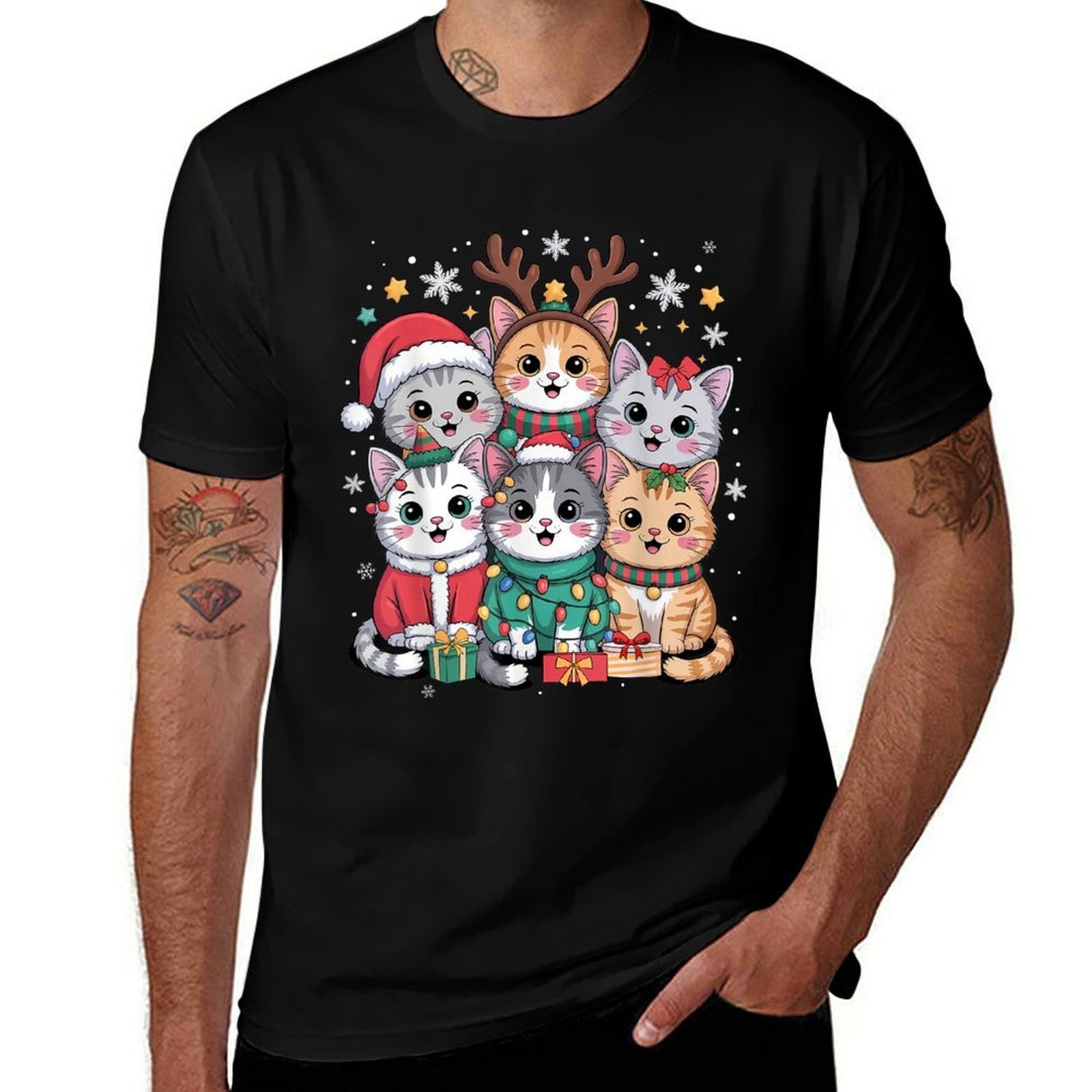 Cat Christmas Men Women Kids Santa Reindeer Kitten Cat Xmas  Rolled Sleeves T-Shirt