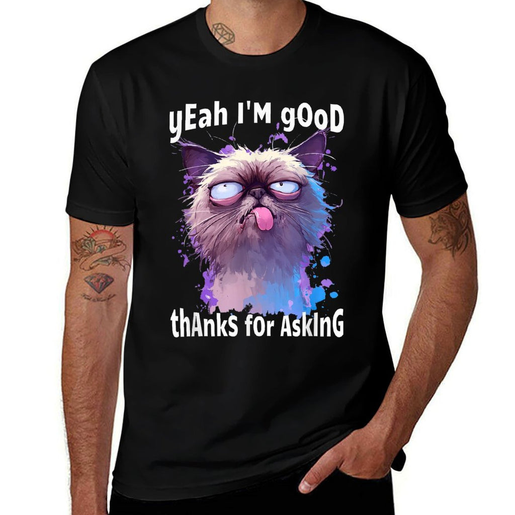 Funny Cat Face Meme Cat Stressed Kitty Yeah Im Good Thanks  Rolled Sleeves T-Shirt