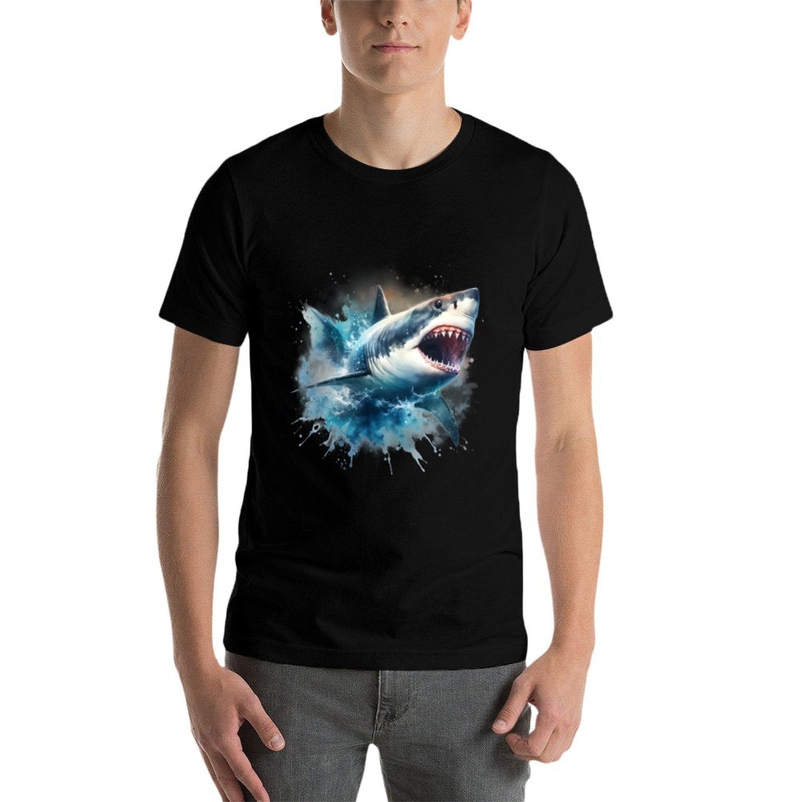 Cool Watercolor Great White Shark Open Jaw  High-quality Stitching T-Shirt