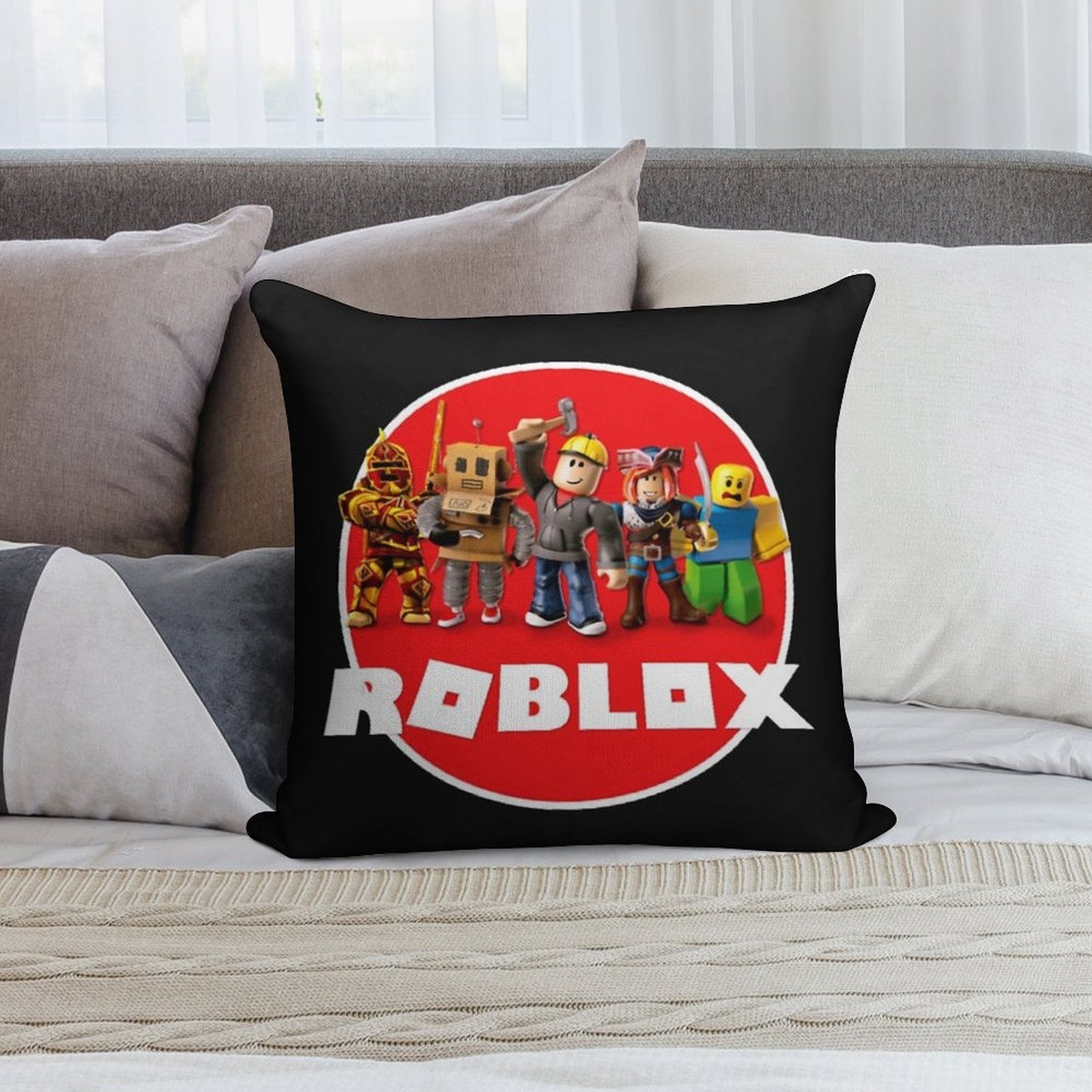 Roblox All Characters,roblox Logo Soft Shrink-Resistant Throw Pillow