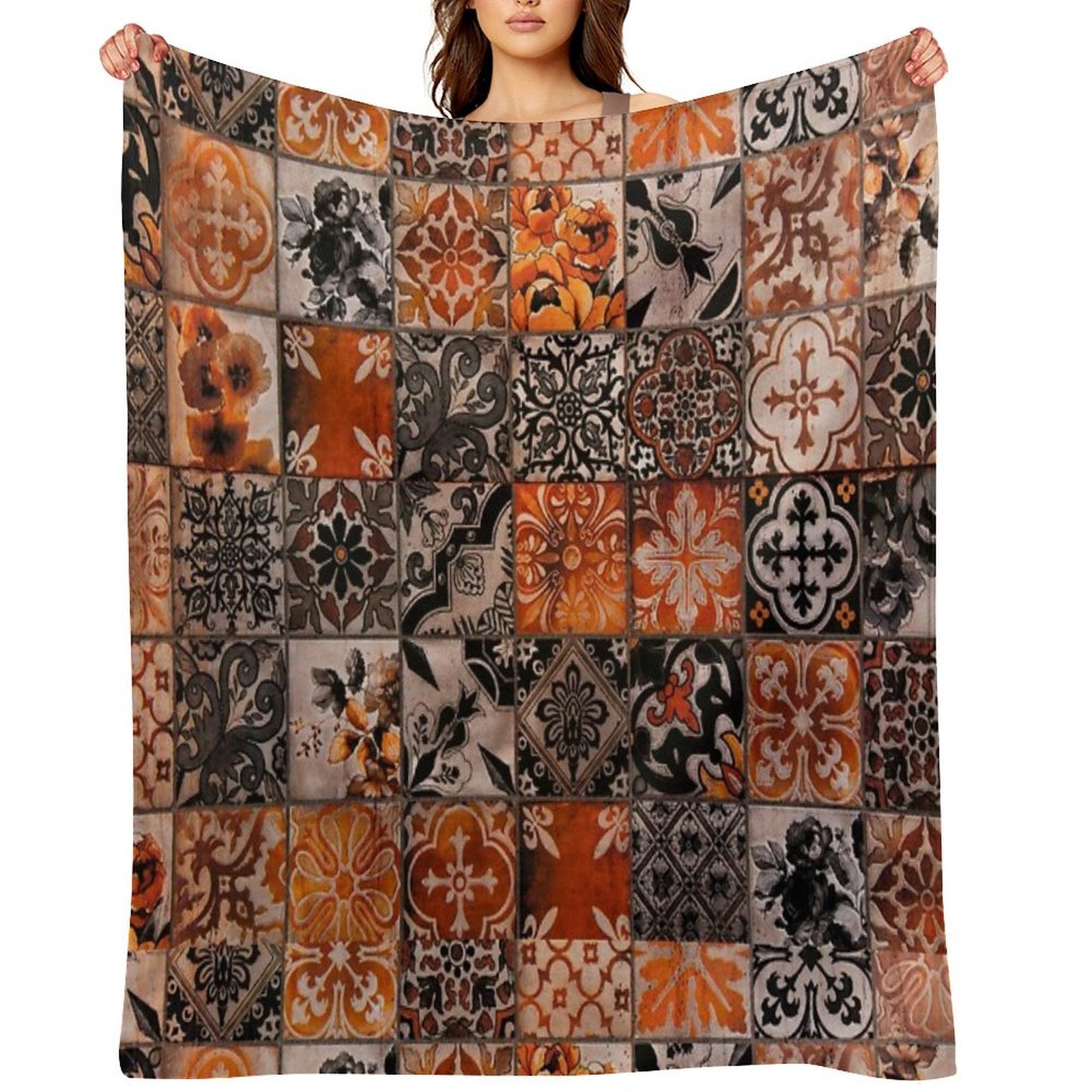 Orange Tiles Plush Throw Blanket