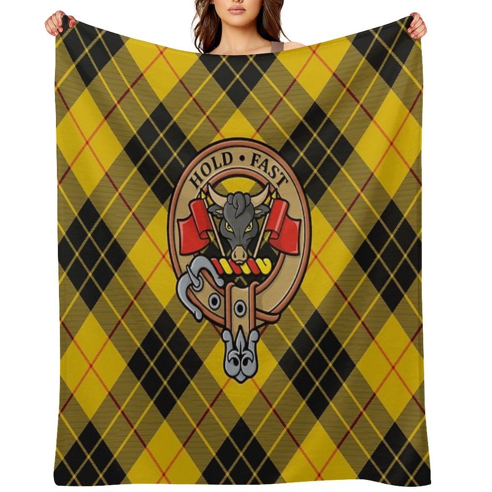 Clan MacLeod Crest over Yellow Tartan Premium Throw Blanket