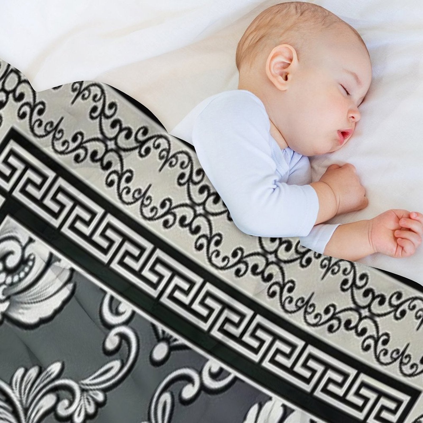 Greek Key Black And Cream Floral Pattern Travel-friendly Throw Blanket
