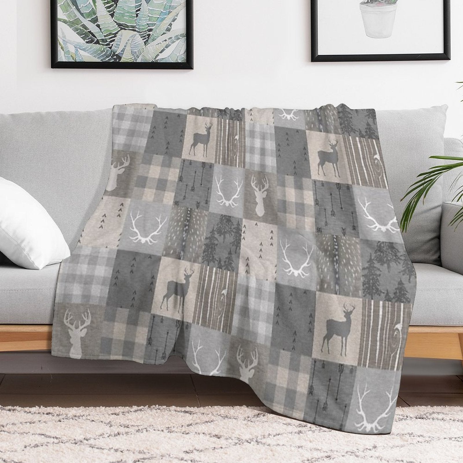 Rustic Woodland Patchwork - Grey And Beige Premium Throw Blanket