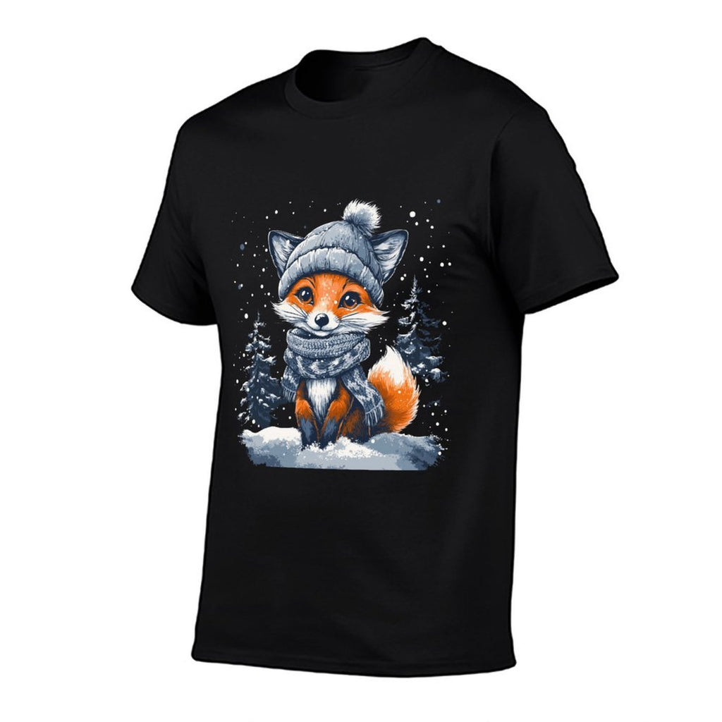Fox Wearing Winter Hat  Scarf Snowy Christmas Scene  Eco-friendly Material T-Shirt