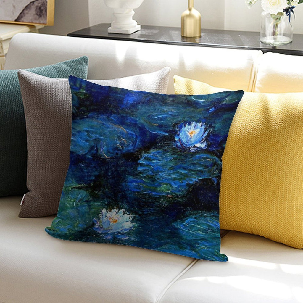 Water Lilies Monet Deep Blue Soft High-Density Material Throw Pillow