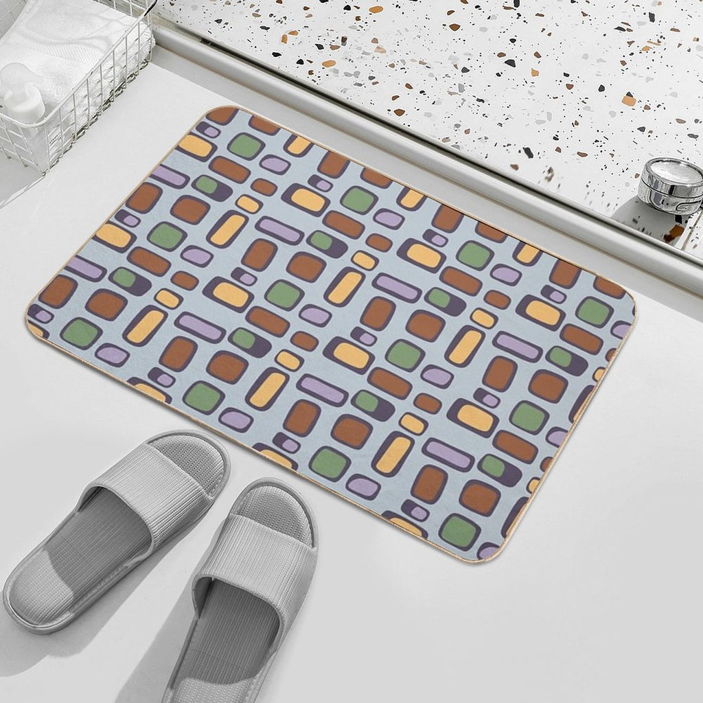 Colorful Retro Mid Century Aesthetic Squares Geometric Pattern Gray Blue & Brown  High-Traffic Bath Mat