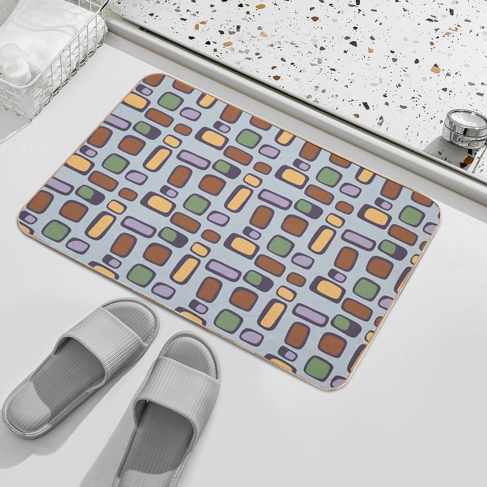Colorful Retro Mid Century Aesthetic Squares Geometric Pattern Gray Blue & Brown  High-Traffic Bath Mat
