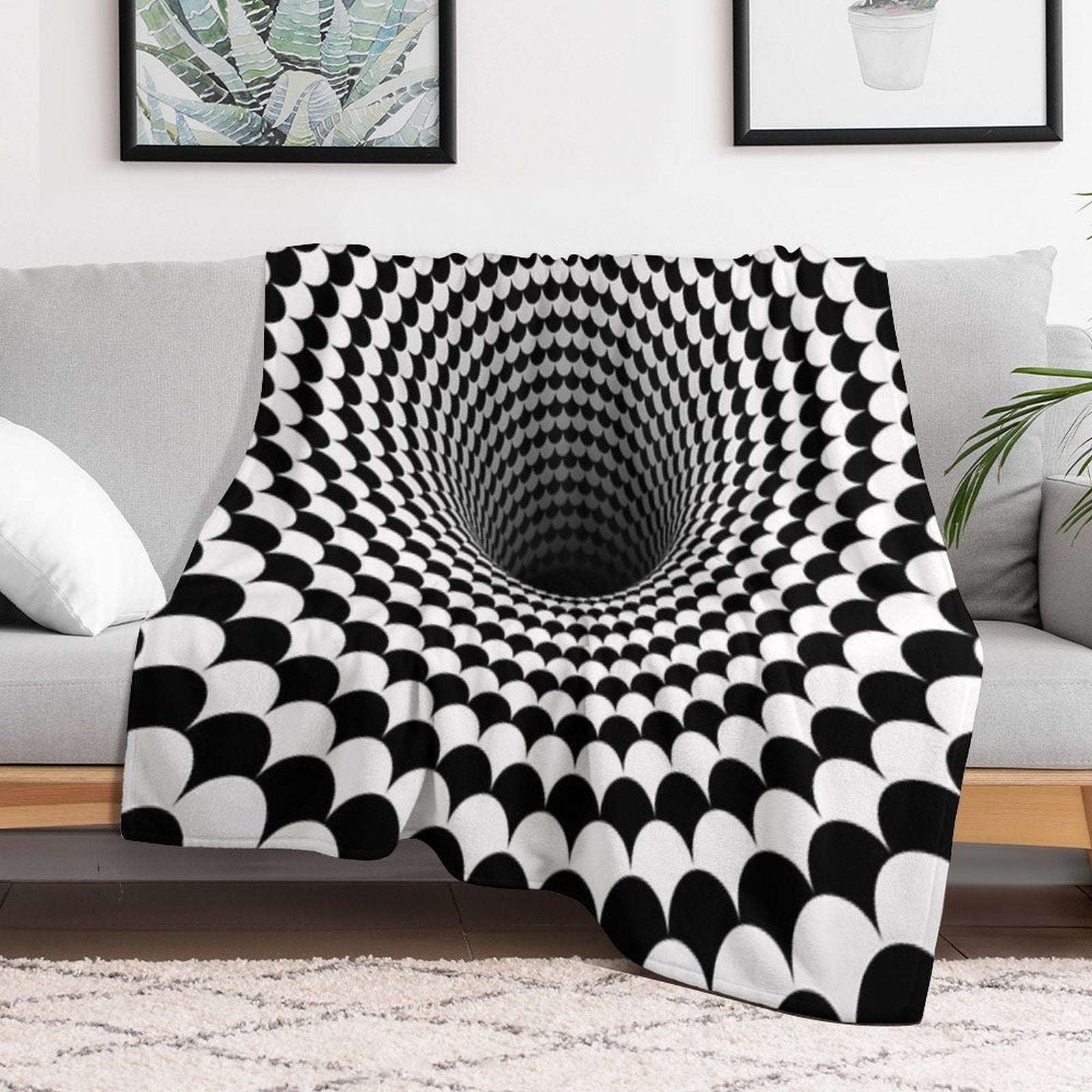Optical Illusion Black And White Scales Houndstooth Black Hole Vortex Lightweight Throw Blanket
