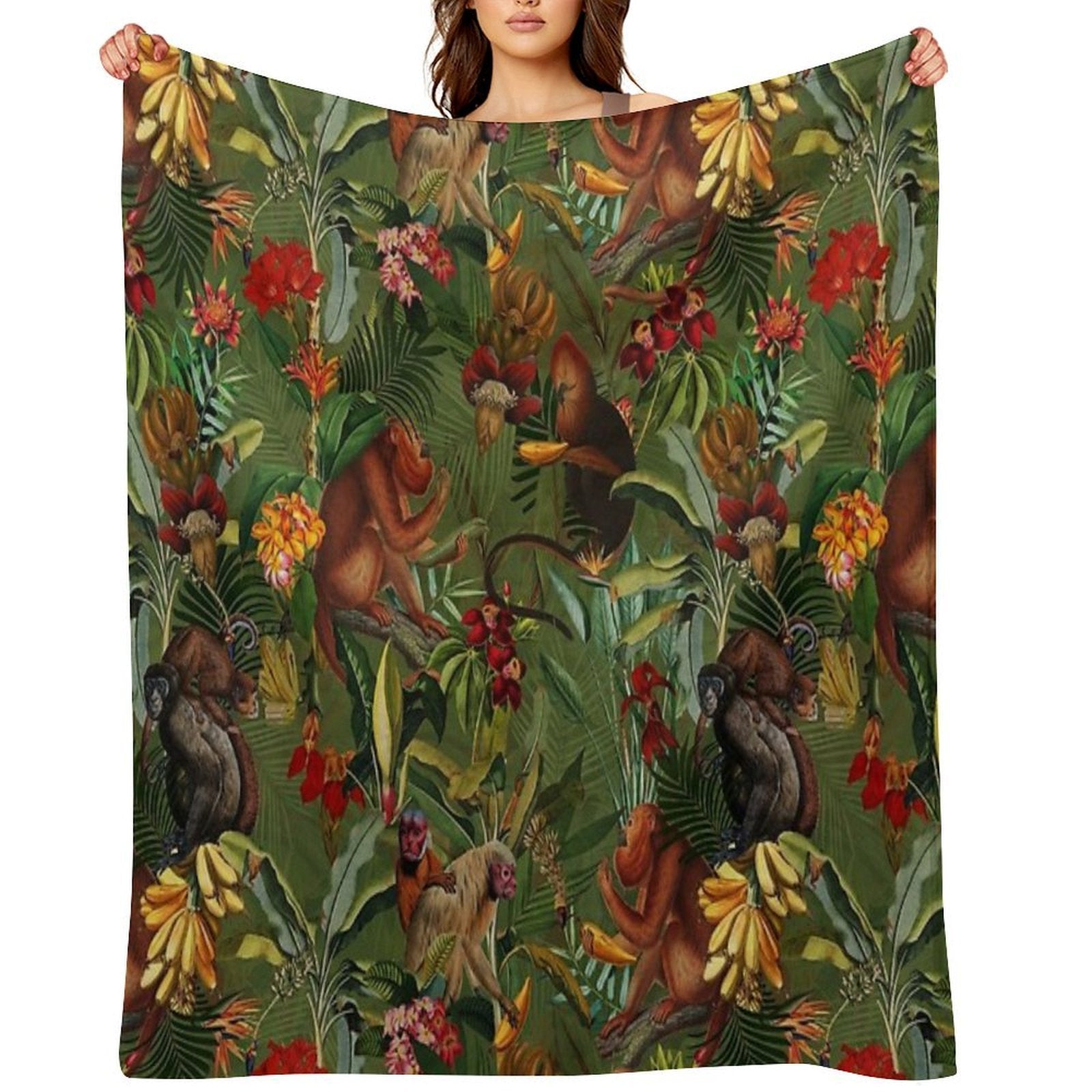 Tropical Monkey Jungle Pattern - Dark Green Botanical Night Garden Nightgarden Plush Throw Blanket