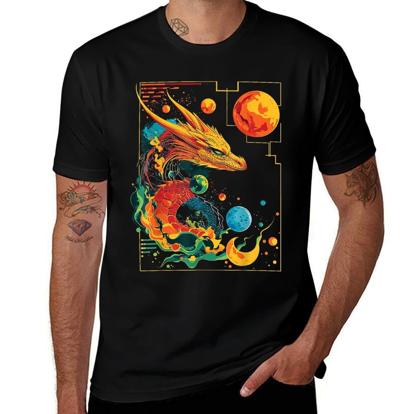 Dragon Planets Abstract Painting Geometric Animal Art  Graphic-printed T-Shirt