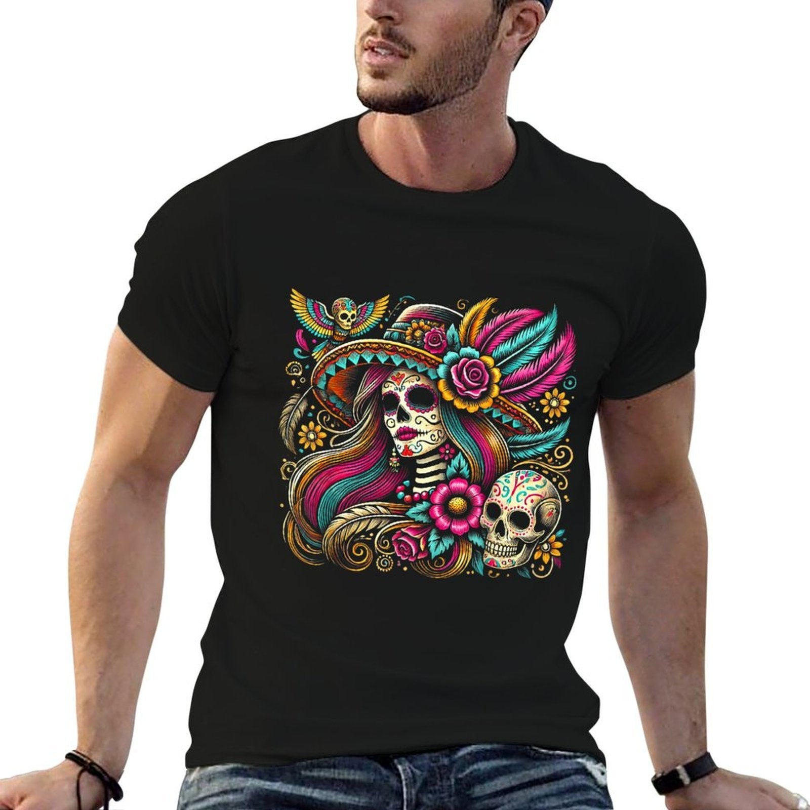 Sugar Skull Festival Art Colorful Mexican Skeleton Design  Oversized Silhouette T-Shirt