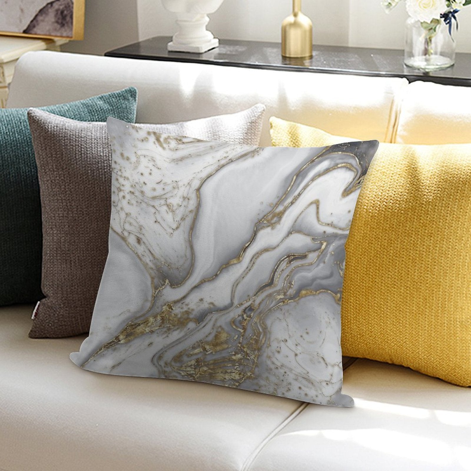 Liquid Marble - Pearl And Gold Soft Fade-Resistant Throw Pillow