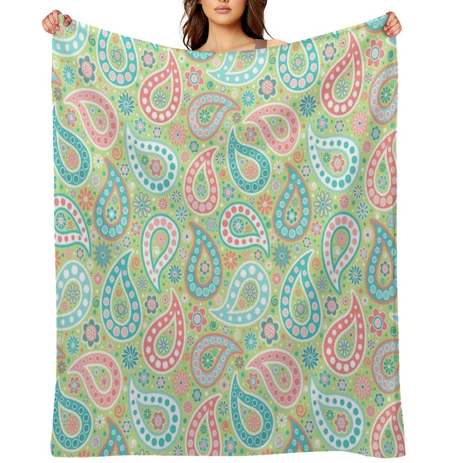 Paisley in Green, Turquoise Blue, Coral Pink And White Lightweight Throw Blanket
