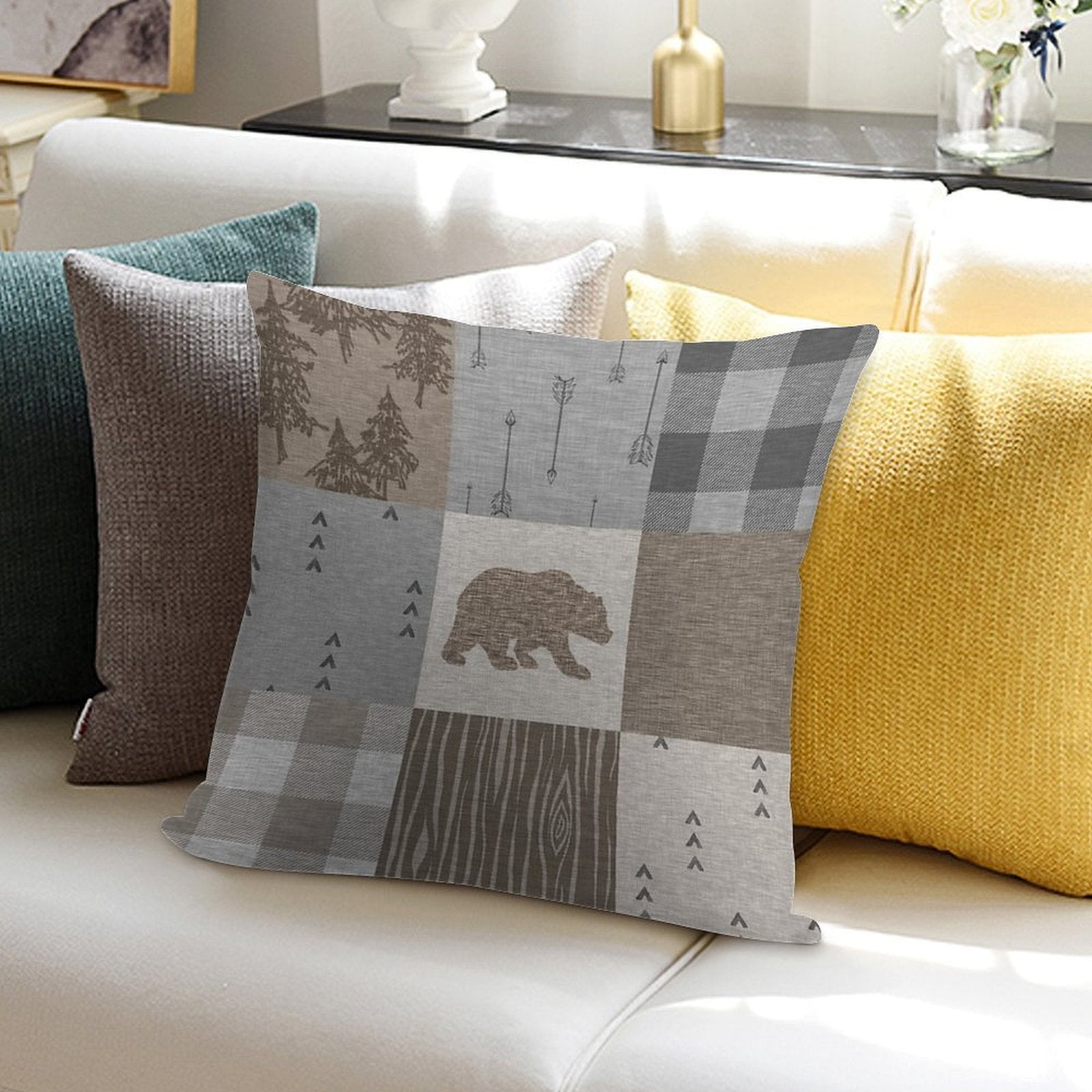 Bear Patchwork - Rustic Neutrals Soft High-Density Material Throw Pillow