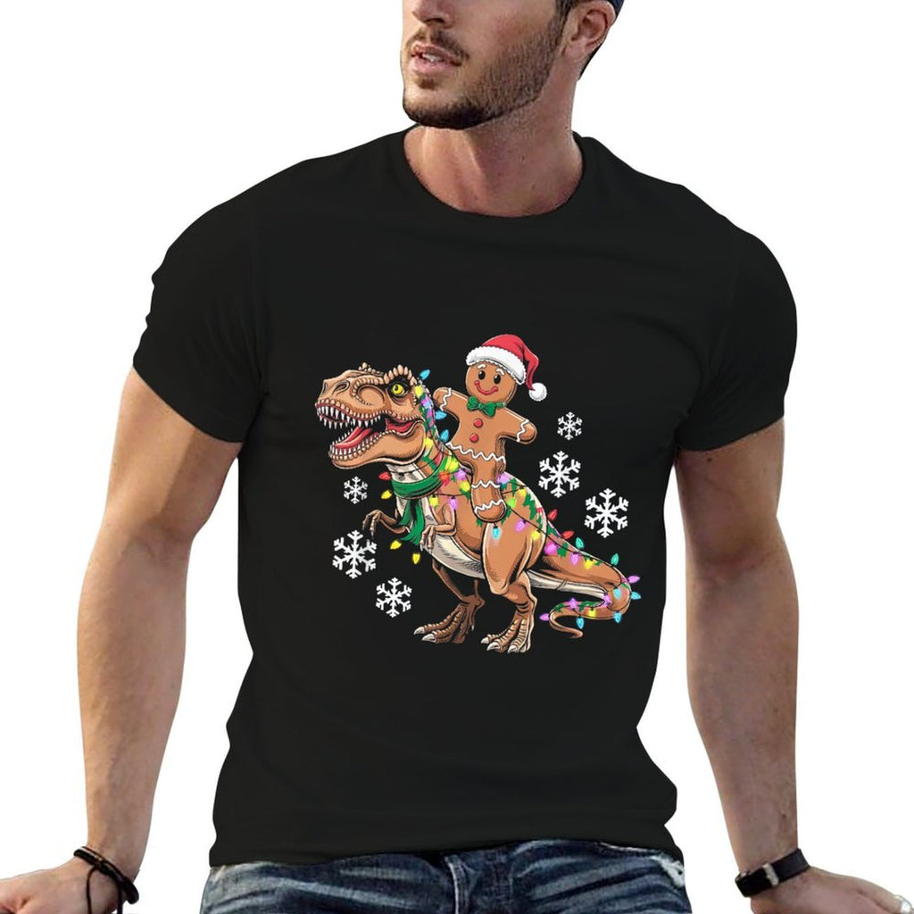 Funny Gingerbread Man Cookie Riding T-Rex Dinosaur Christmas  High-quality Stitching T-Shirt