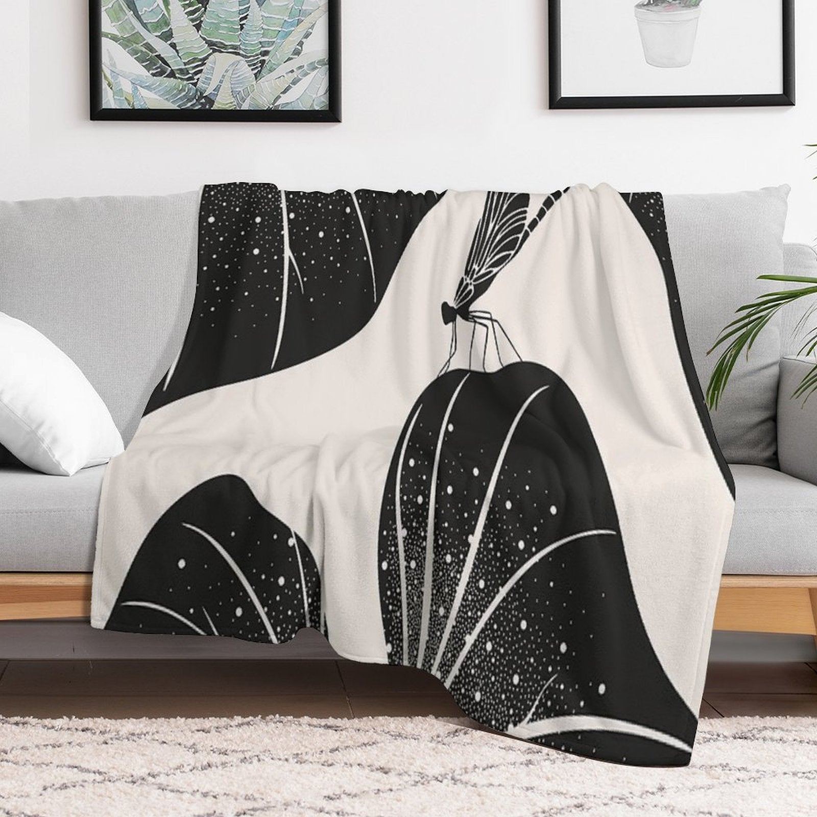 Dragonfly on Leaf with Water Drops, Minimalist Illustration Anti-pilling Throw Blanket