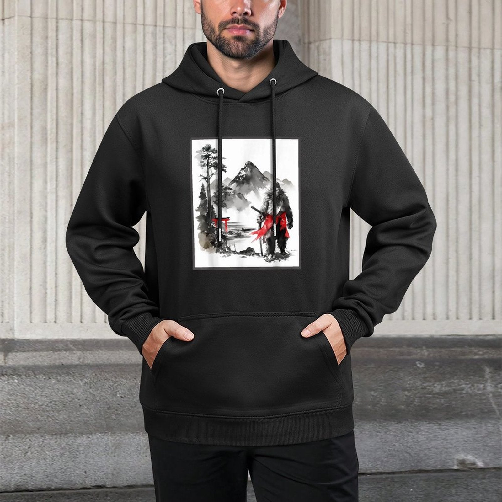 Bigfoot Samurai Japanese Vintage Painting Sumi-E Sasquatch Shape Retention Hoodie