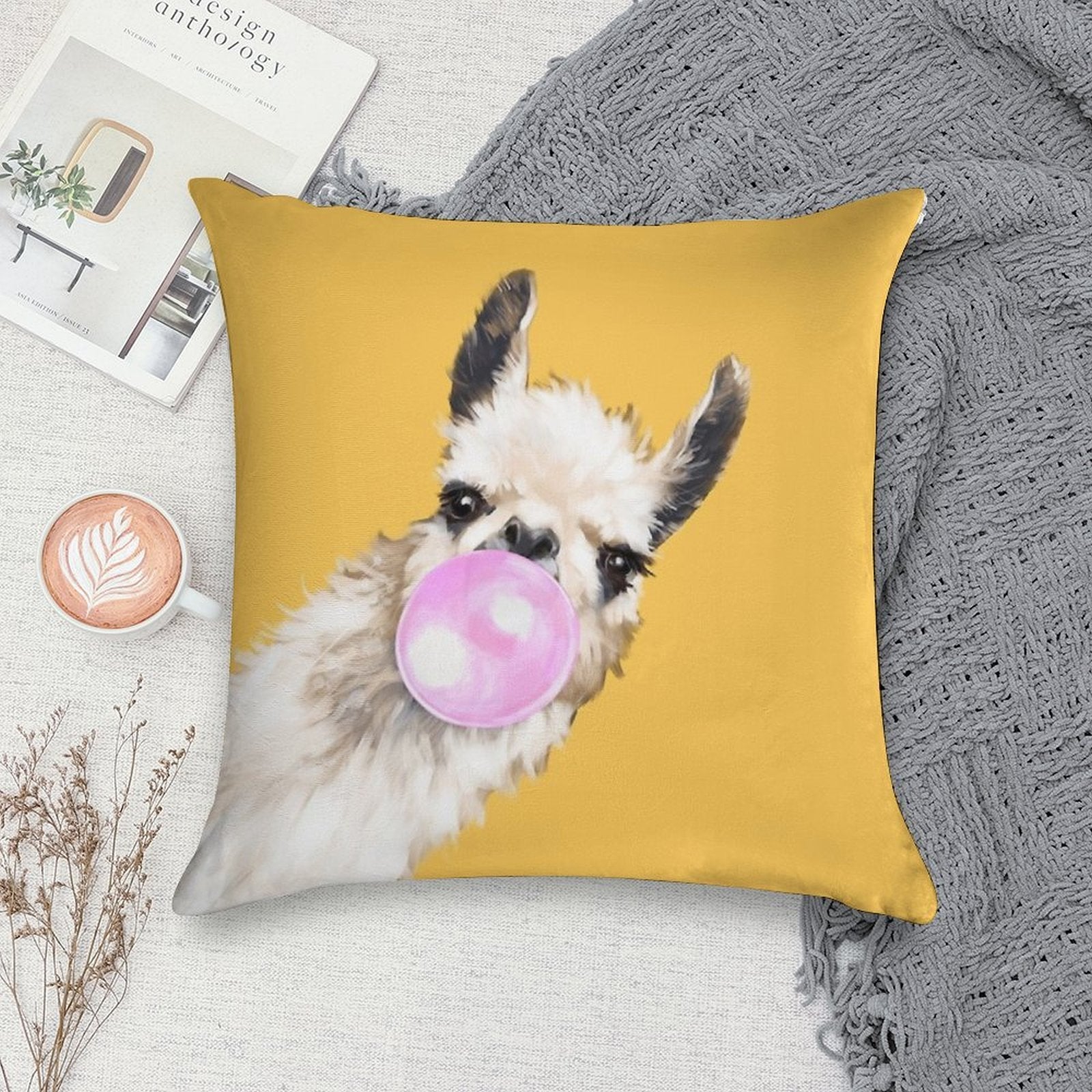 Bubble Gum Sneaky Llama in Mustard Yellow Soft Home Decor Throw Pillow