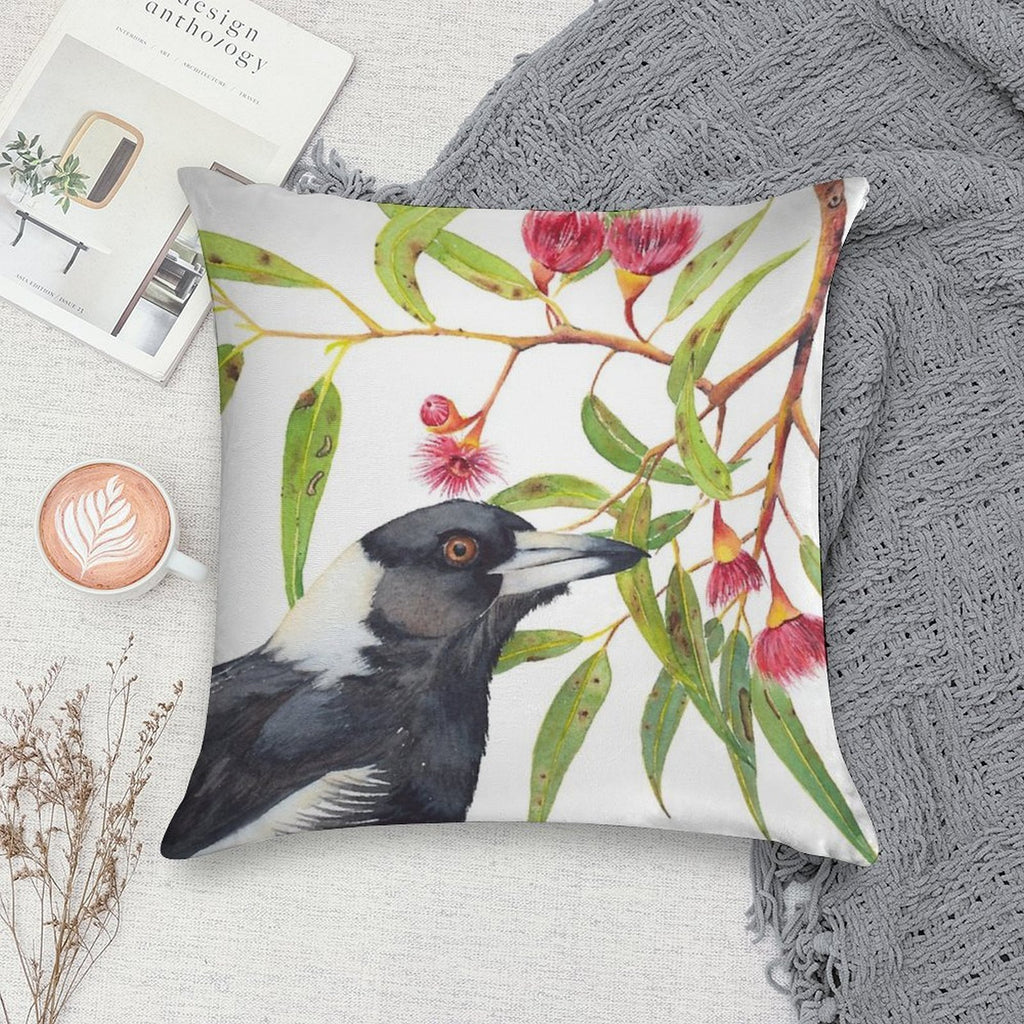 Australian Magpie And Eucalyptus Blossoms Watercolour Painting Soft High-Density Material Throw Pillow