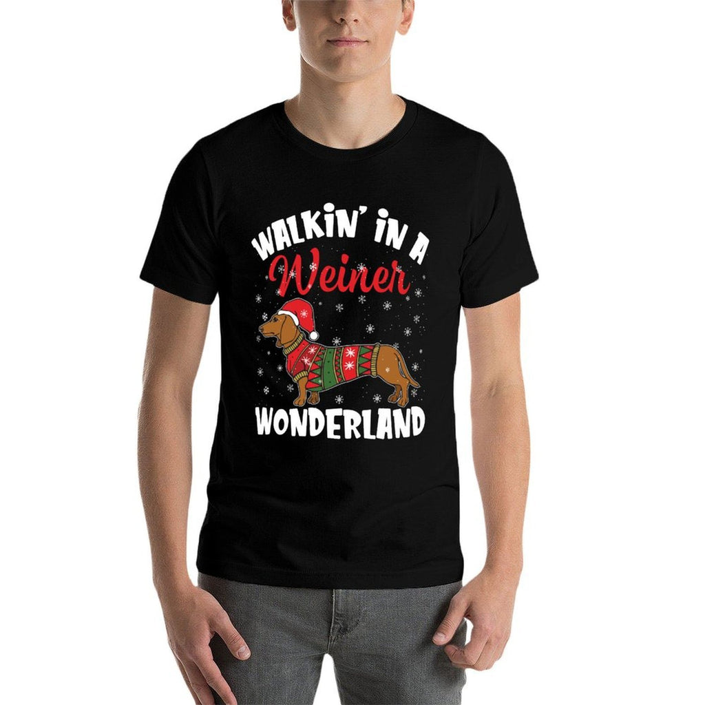Walking In A Wiener Wonderland Funny Dachshund Christmas  High-quality Stitching T-Shirt