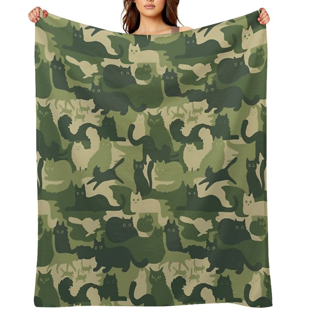 Camouflage Pattern with Cats  Green Cat Camo Sustainable Throw Blanket