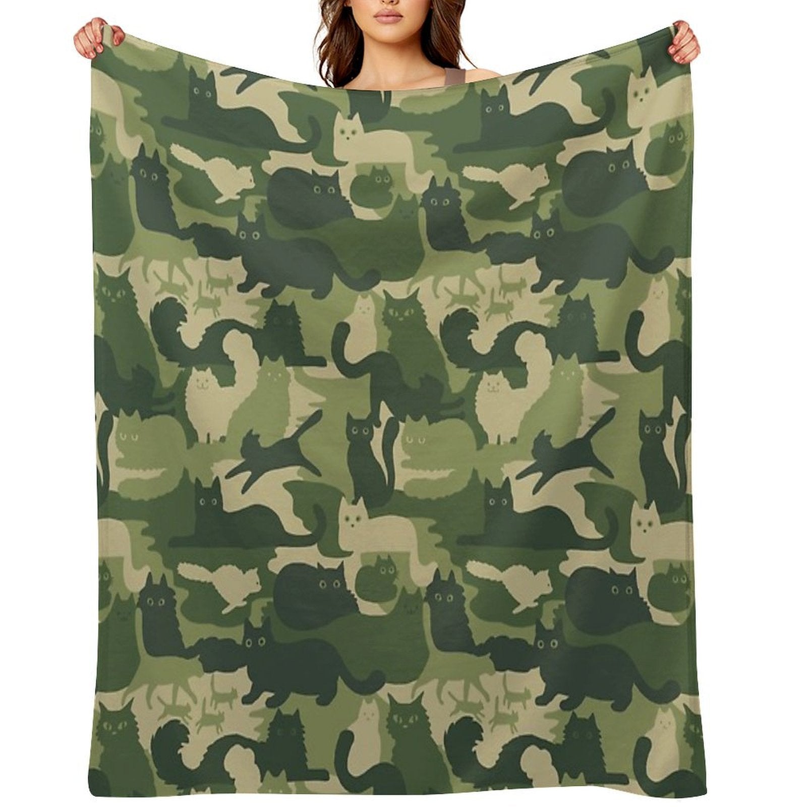 Camouflage Pattern with Cats  Green Cat Camo Sustainable Throw Blanket