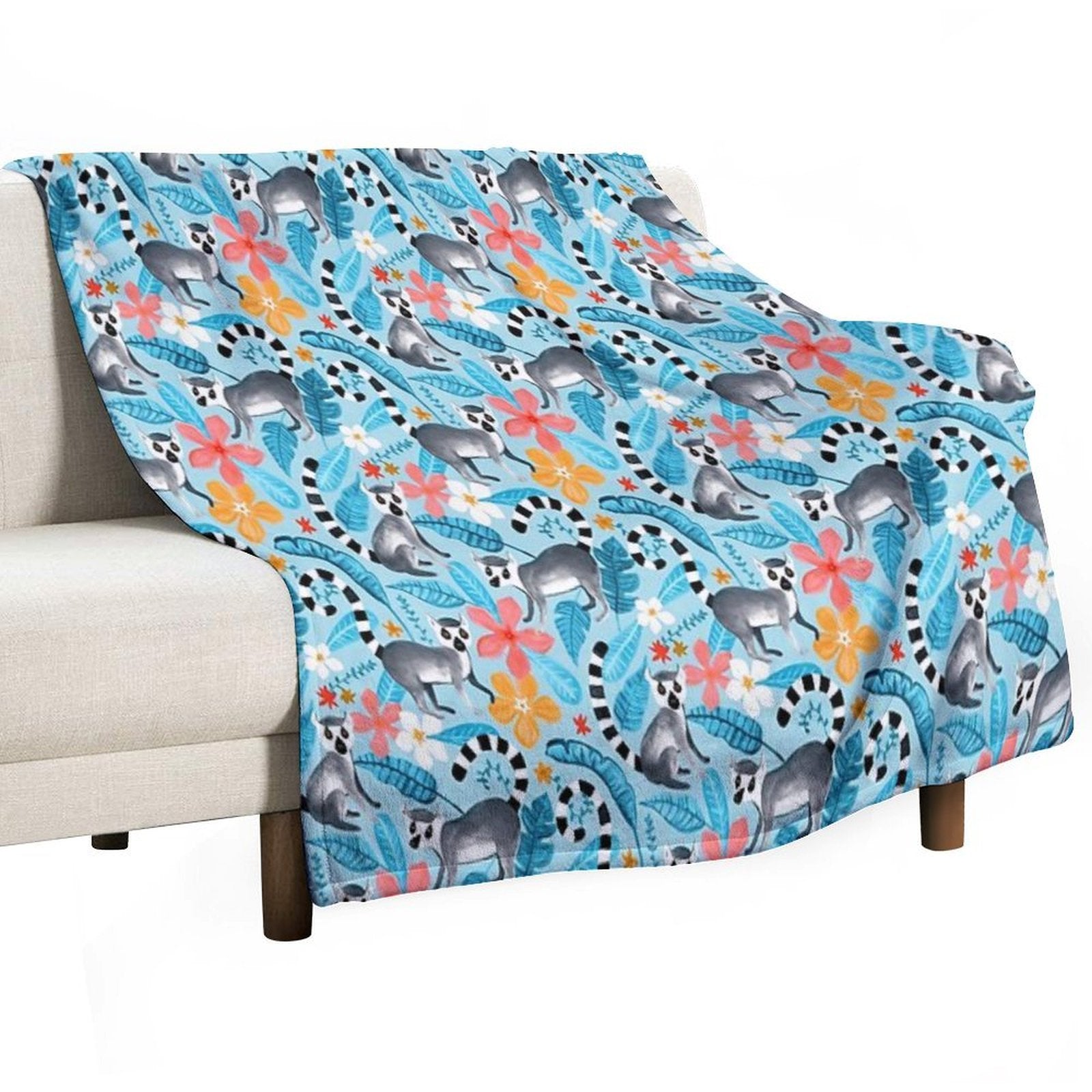 Gouache Lemur Land on Blue All-season Throw Blanket