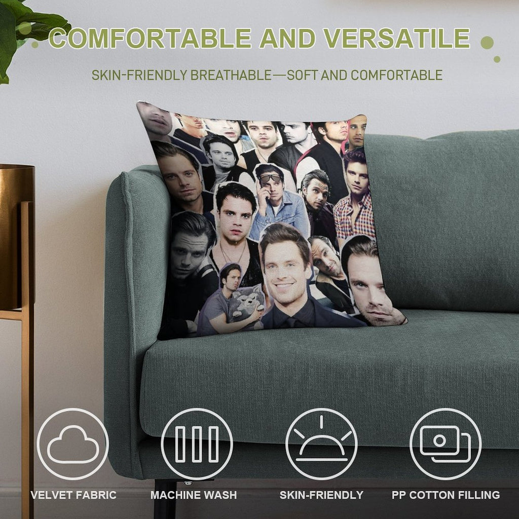 Sebastian Stan Collage Soft Decorative Cover Throw Pillow