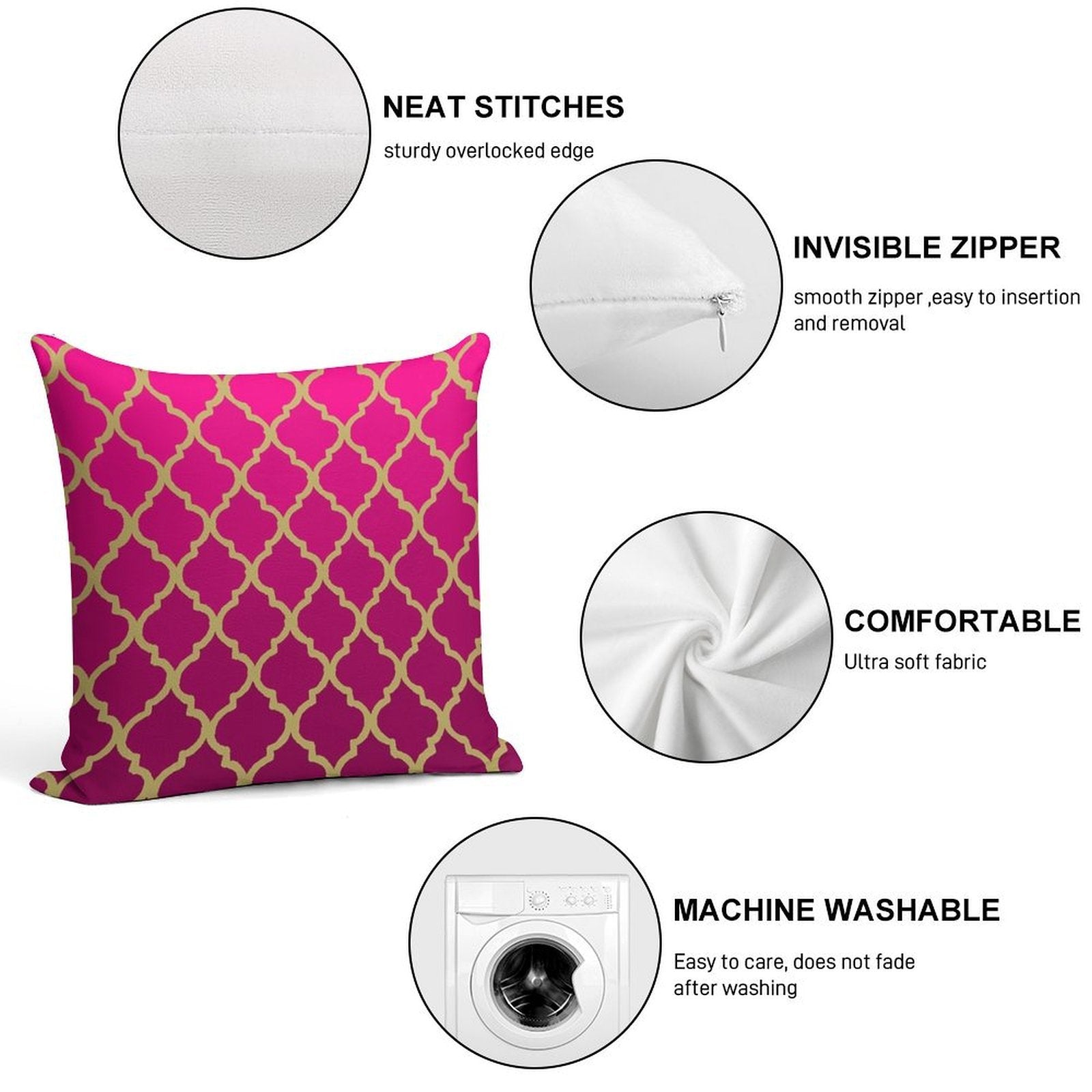 Moroccan Pattern - Pink & Gold Soft Reinforced Edging Throw Pillow