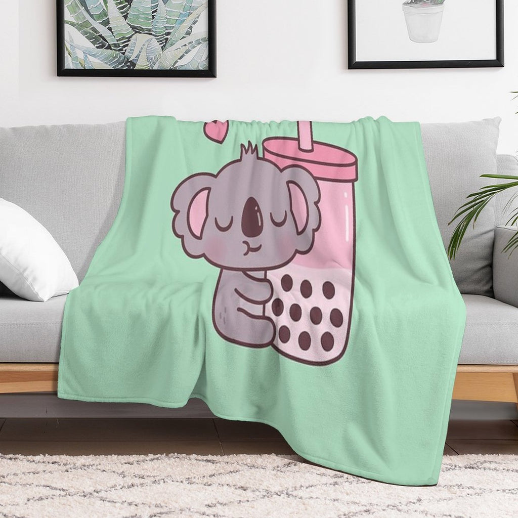 Cute Koala Loves Strawberry Bubble Tea Sustainable Throw Blanket