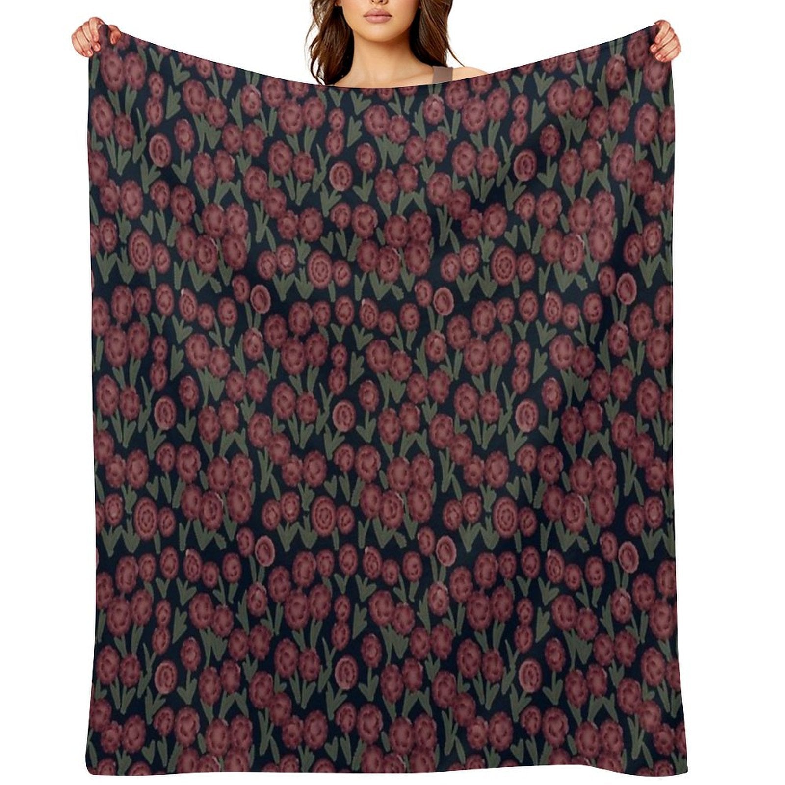 Burgundy Carnations on Dark Blue – Seamless Vintage Floral Design Lightweight Throw Blanket