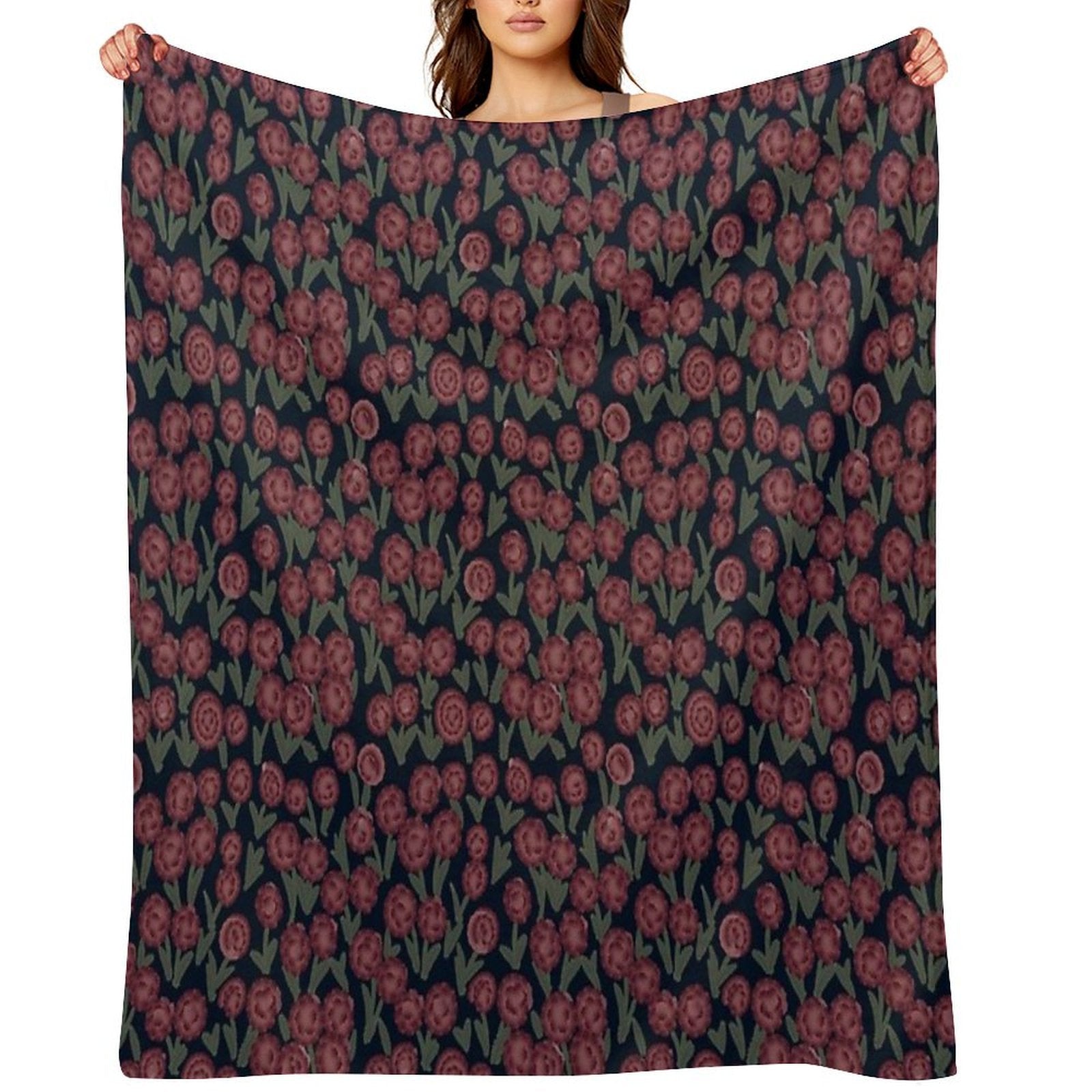 Burgundy Carnations on Dark Blue – Seamless Vintage Floral Design Lightweight Throw Blanket