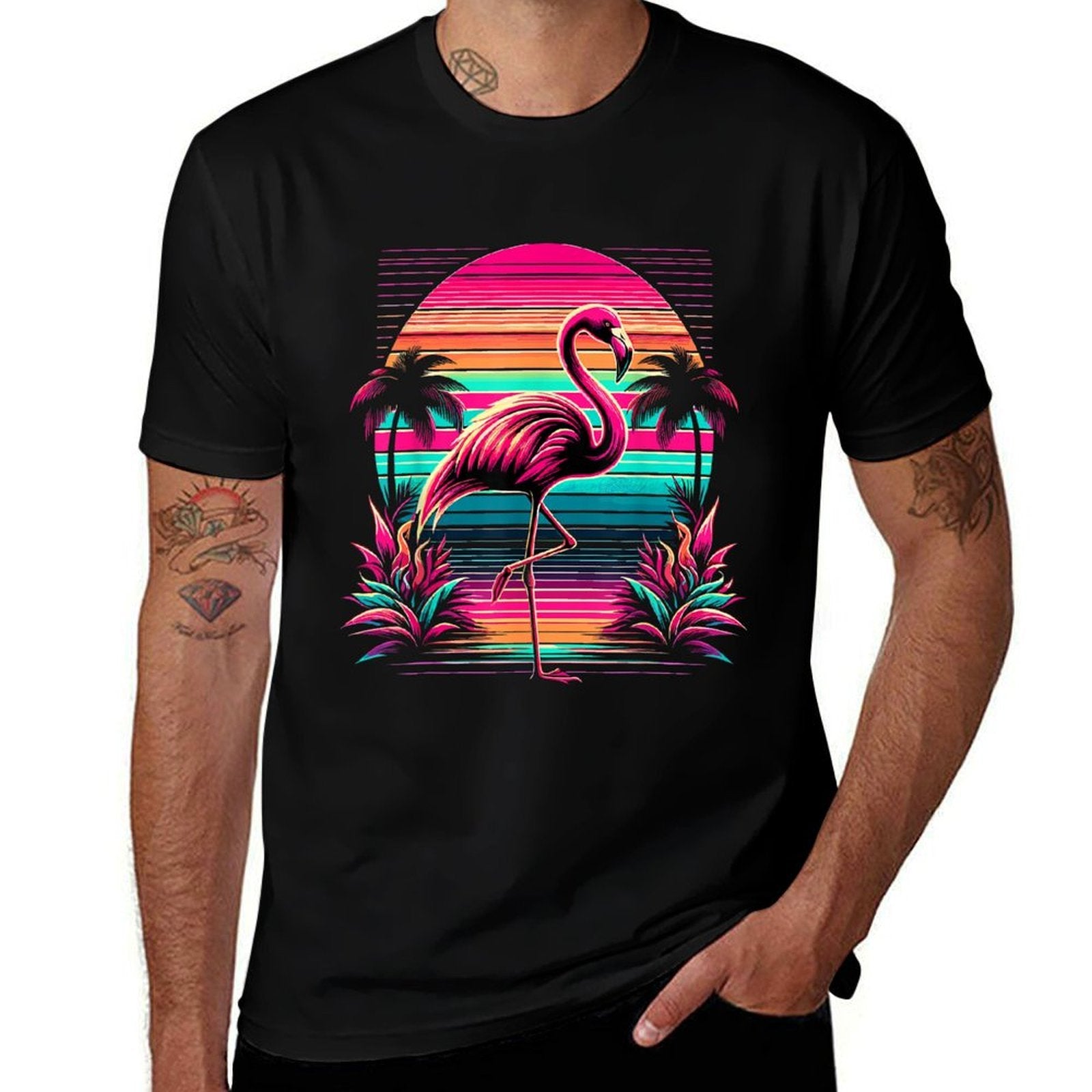 Pink Flamingo Beach Summer Vibes Tree Palm Tropical Summer  Easy-care T-Shirt