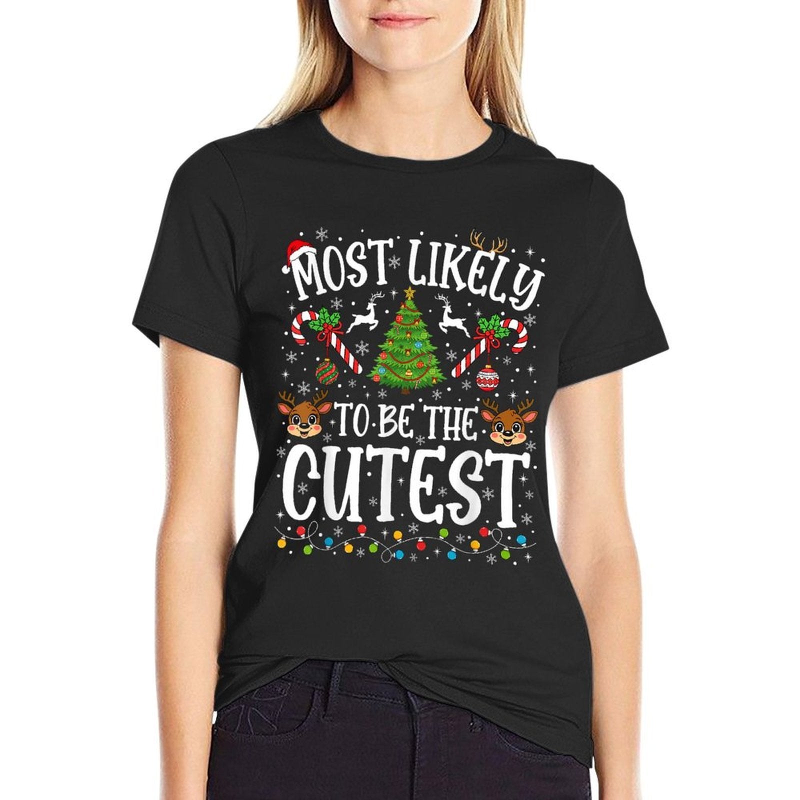 Most Likely to Be The Cutest Christmas Matching Family Funny  Ribbed Collar T-Shirt
