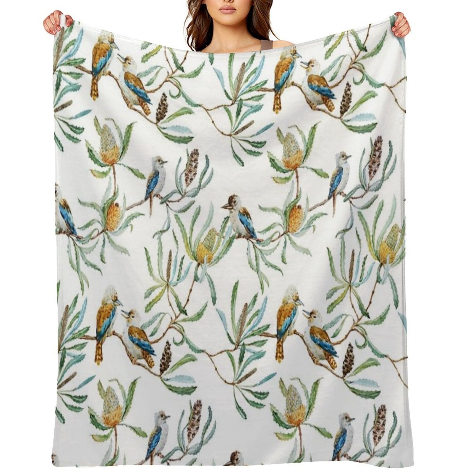 Australian Kookaburras, Waratah Flowers,  Leaves Pattern Plush Throw Blanket