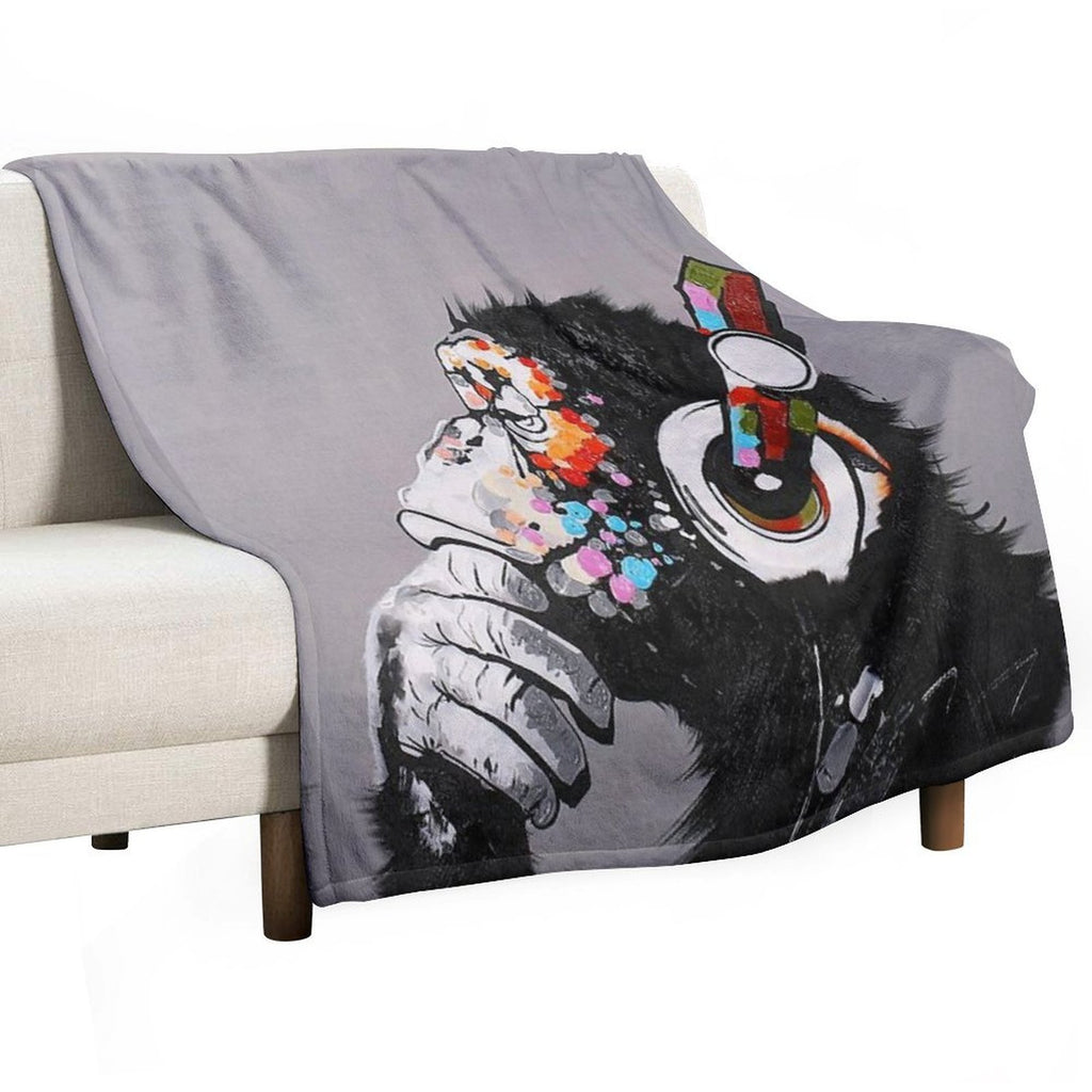 DJ Monkey With Headphones Thinking - Thinker Chimp Multi-functional Throw Blanket