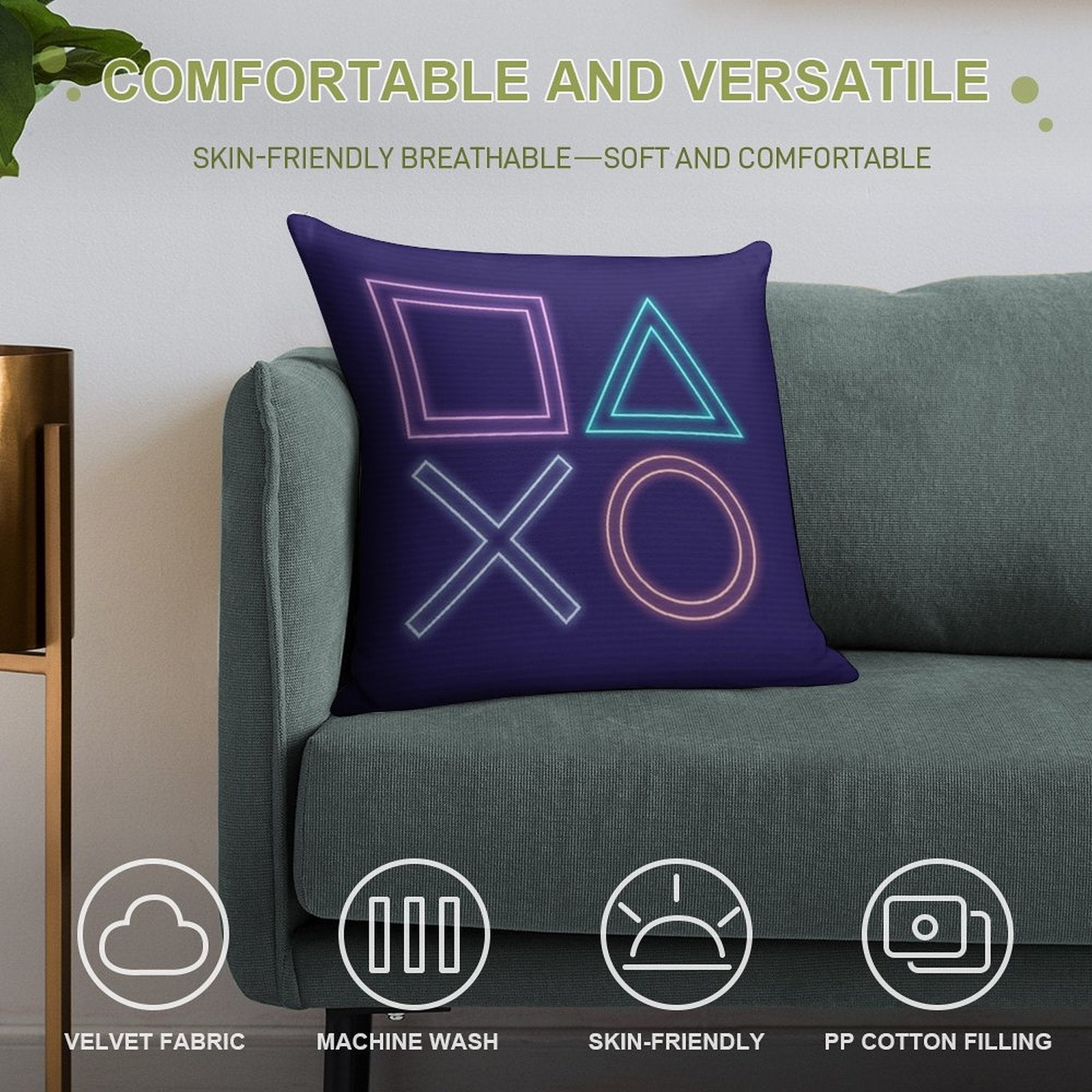 Playstation Buttons Synthwave Neon Game Pad Soft Style Accent Throw Pillow